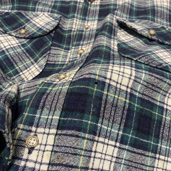 VINTAGE PENDLETON MENS CAMPBELL TARTAN GREEN BLUE FLANNEL WOOL SHIRT OUTDOORS - Picture 4 of 7